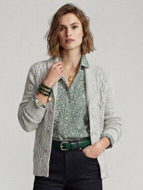 Gray Cable Knit Shawl Collar Cardigan Sweater Preppy Academia Chic Womens Small